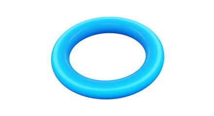 A single blue torus shape with a glossy finish isolated against a stark black background in a studio shot