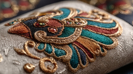 Naklejka premium Intricate Embroidery Design Featuring Colorful Bird Motif on Fabric