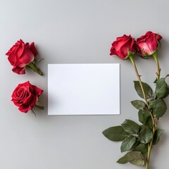 Four Red Roses and a Blank White Card on a Surface