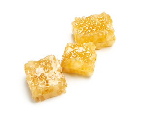 Fresh sweet honeycombs on white background