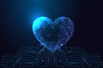 Digital heart and circuit board connection symbolizes AI emotion or health tech, vector illustration