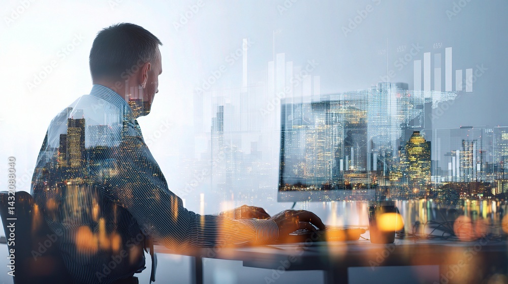 Poster businessman using computer with cityscape and data visualization elements