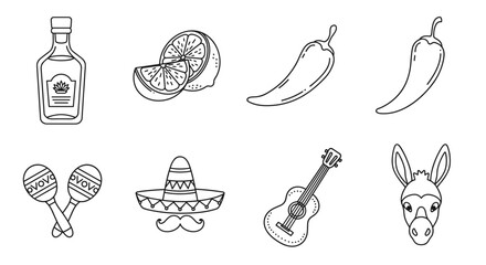 Mexican-themed icons featuring drinks and musical elements  