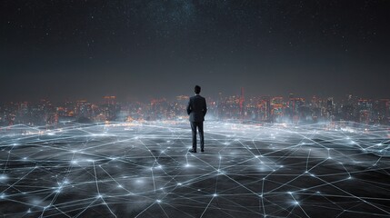 Businessman Standing in Front of a Digital City Landscape at Night