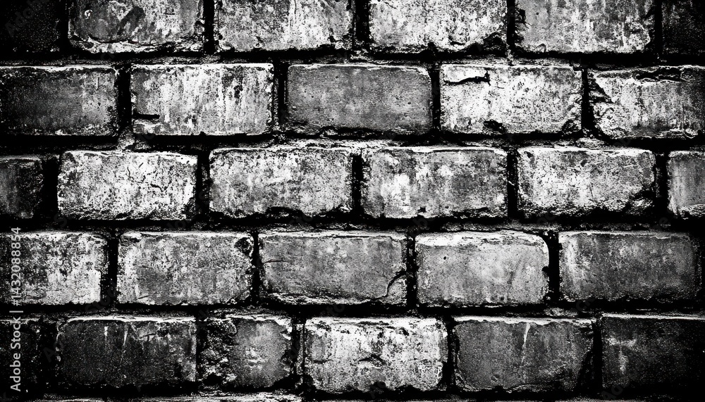 Aufkleber close-up view of weathered brickwork. a grayscale image of rectangular bricks, showing mortar and di