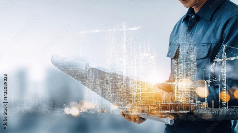 Poster engineer examining blueprint for skyscraper construction project