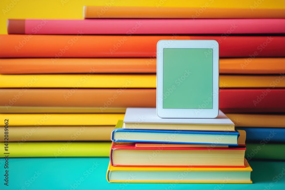 Poster combining traditional books and digital devices on a colorful background for modern reading