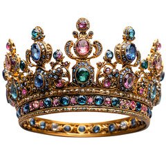 Fototapeta premium Opulent golden crown, inlaid with sapphires and emeralds, worn by an ancient queen, isolated on white background.