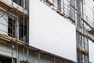 Fototapeta premium Blank white advertisement displayed on scaffolding during building construction in urban area