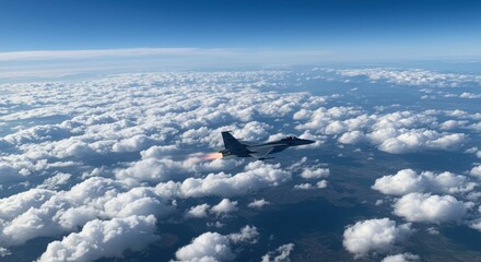 Military Jet Flying Above Clouds with Blue Sky in Background, Scenic View, Aviation Technology, Air Force Operations, High Altitude Flight