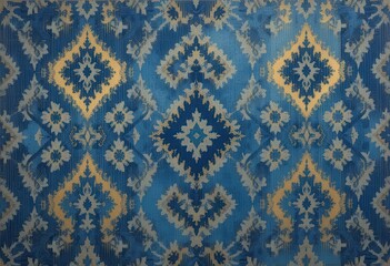 abstract ikat design blending ethnic motifs with a modern, geometric neat pattern, Elegant Blue and Gold Pattern Design for Textiles