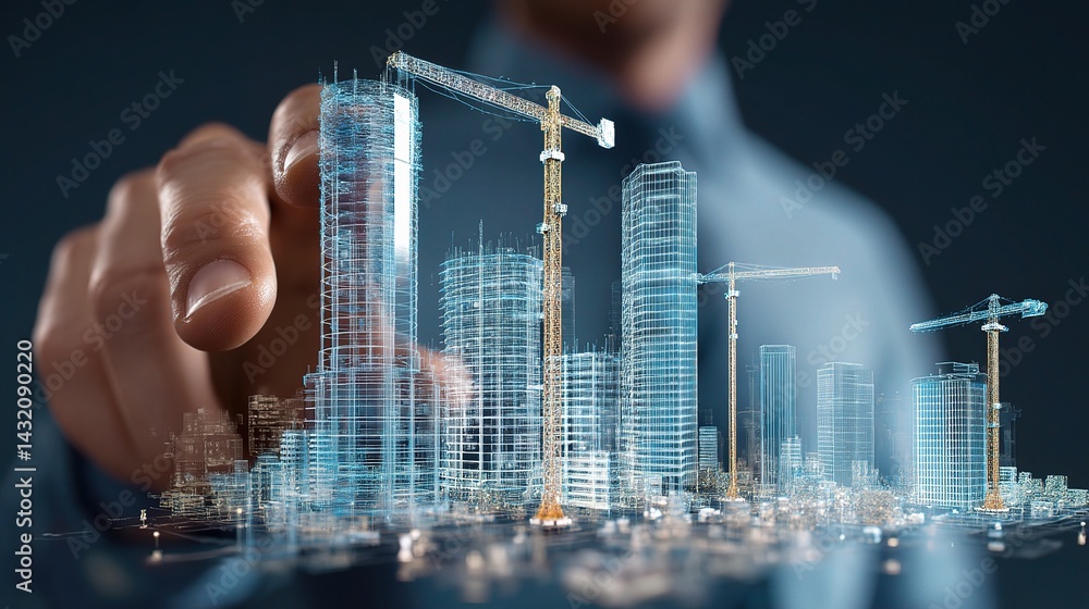 Poster architect pointing at holographic skyscraper models in design phase