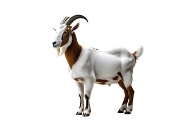 Fototapeta premium Single Boer Goat Standing Isolated on White for Livestock and Farm Animal Concepts: Distinctive White and Brown Goat Imagery: Boer, Goat, Isolated, White, Livestock, Farm, Animal, Brown, White, Horns,