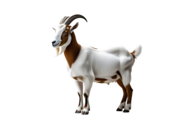 Single Boer Goat Standing Isolated on White for Livestock and Farm Animal Concepts: Distinctive White and Brown Goat Imagery: Boer, Goat, Isolated, White, Livestock, Farm, Animal, Brown, White, Horns,
