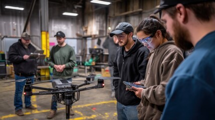 Students learning drone technology in a workshop