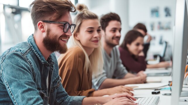 Young people working together at computers