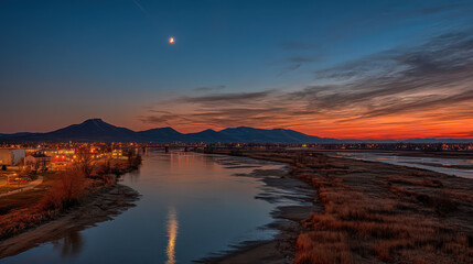 Fototapeta premium A tranquil river reflects the colorful twilight sky as a crescent moon shines above the distant mountains and the city lights begin to illuminate the landscape.