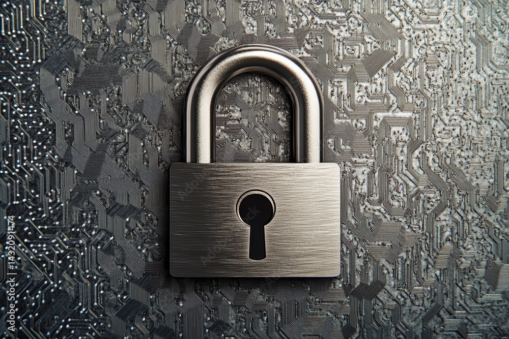 Poster close up of a metallic padlock on a circuit board background highlighting security and protection