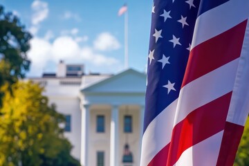 Fototapeta premium Close-up of the American flag with the White House in the background on a sunny day
