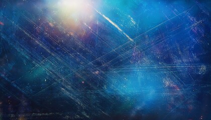 distressed blue grunge background with scratches and lens flare effects aged surface featuring smeared stains dust and colorful light accents