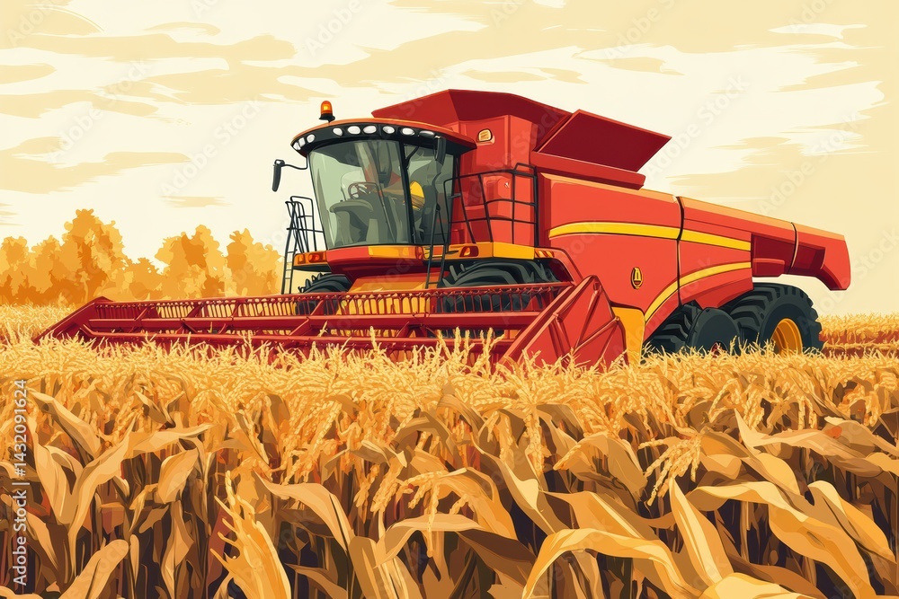 Poster graphic layout showcasing corn harvesting with a combine in golden fields