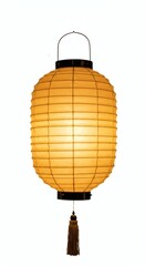 Obraz premium A softly illuminated yellow paper lantern hangs against a stark white background in a studio setting