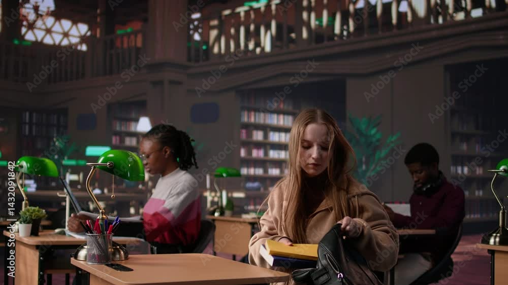 Poster female college student reads and writes detailed notes for a new course, studying political science 