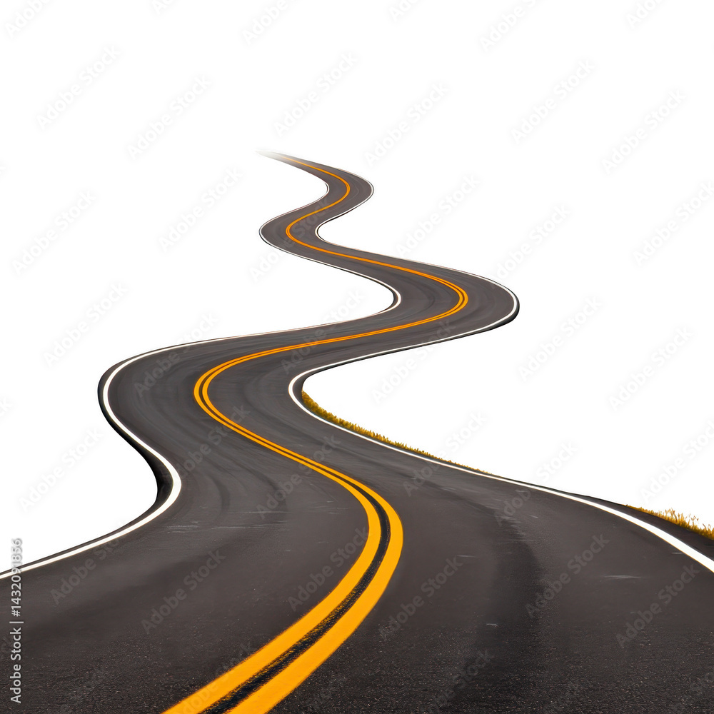 Poster winding road with yellow lines curves dramatically against transparency background, creating sense o