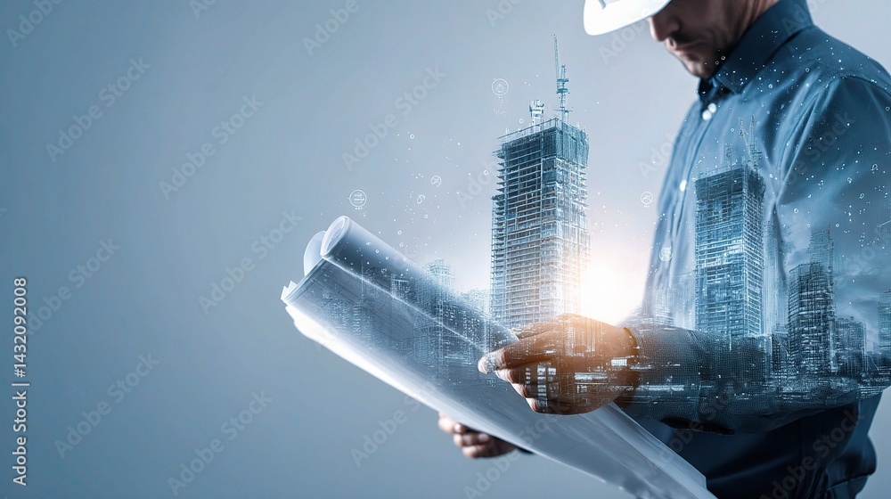 Aufkleber engineer reviewing blueprint with skyscraper concept design