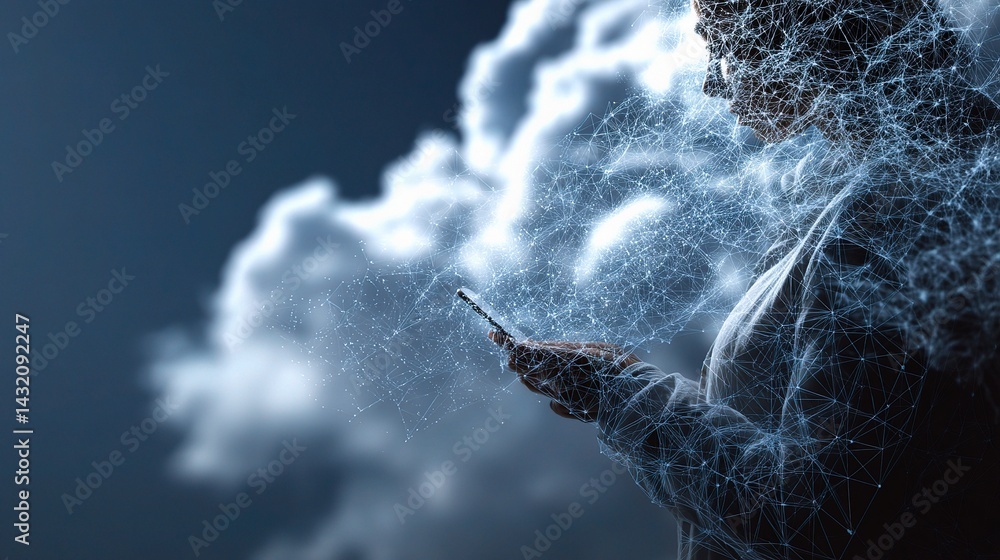 Poster person using mobile device with cloud and network visualization