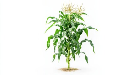 Fresh corn plant thriving in bright setting showcasing green foliage and golden tassels