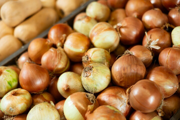 A lot of golden common onions placed in wooden box in open-air vegetable market
