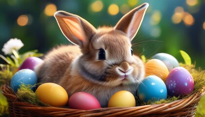 a cute rabbit nestled in a basket surrounded by colorful easter eggs