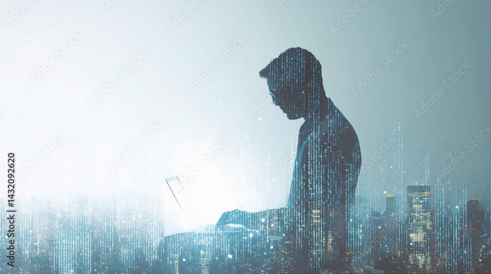 Poster entrepreneur working with laptop surrounded by glowing binary code