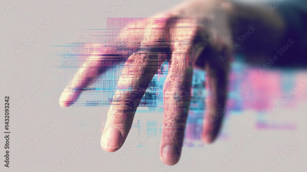 Poster artistic glitch effect hand visual with blur and digital elements