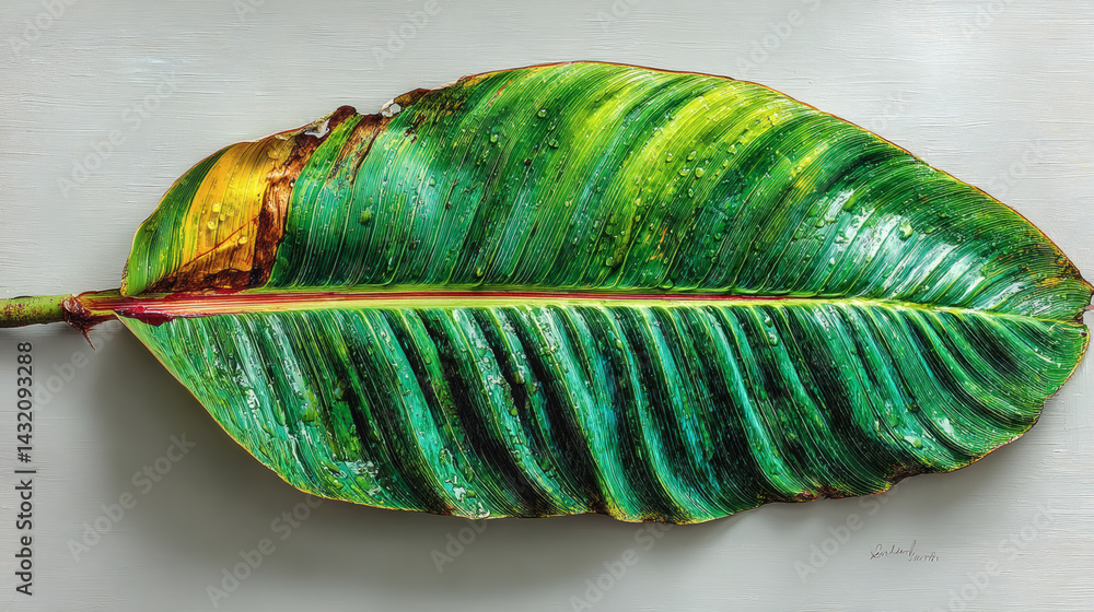 Poster large vibrant green leaf with intricate texture and color patterns