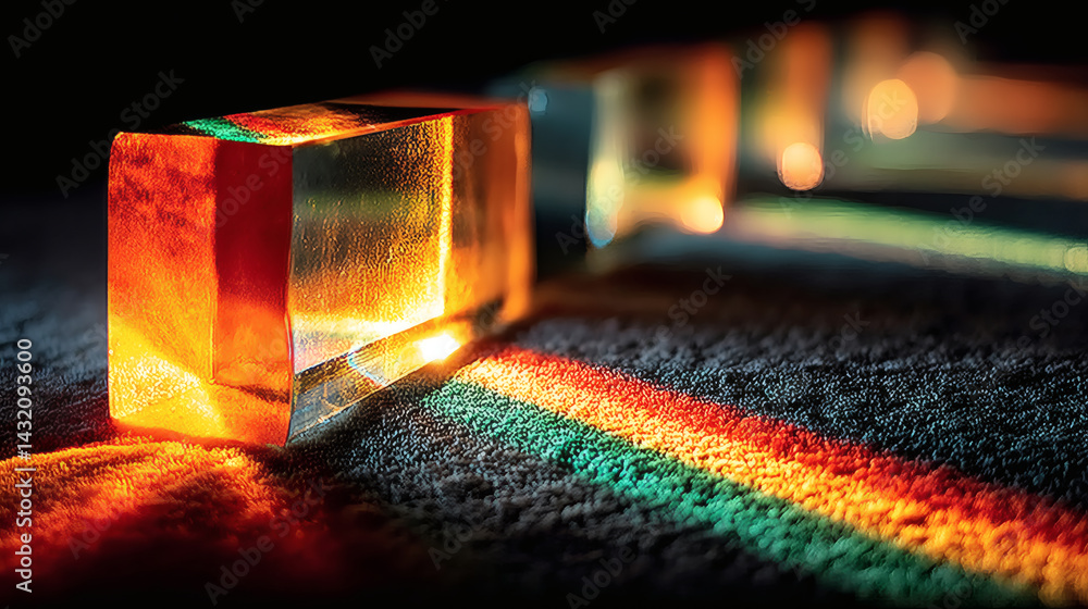 Poster light refraction and color separation through crystal block abstract