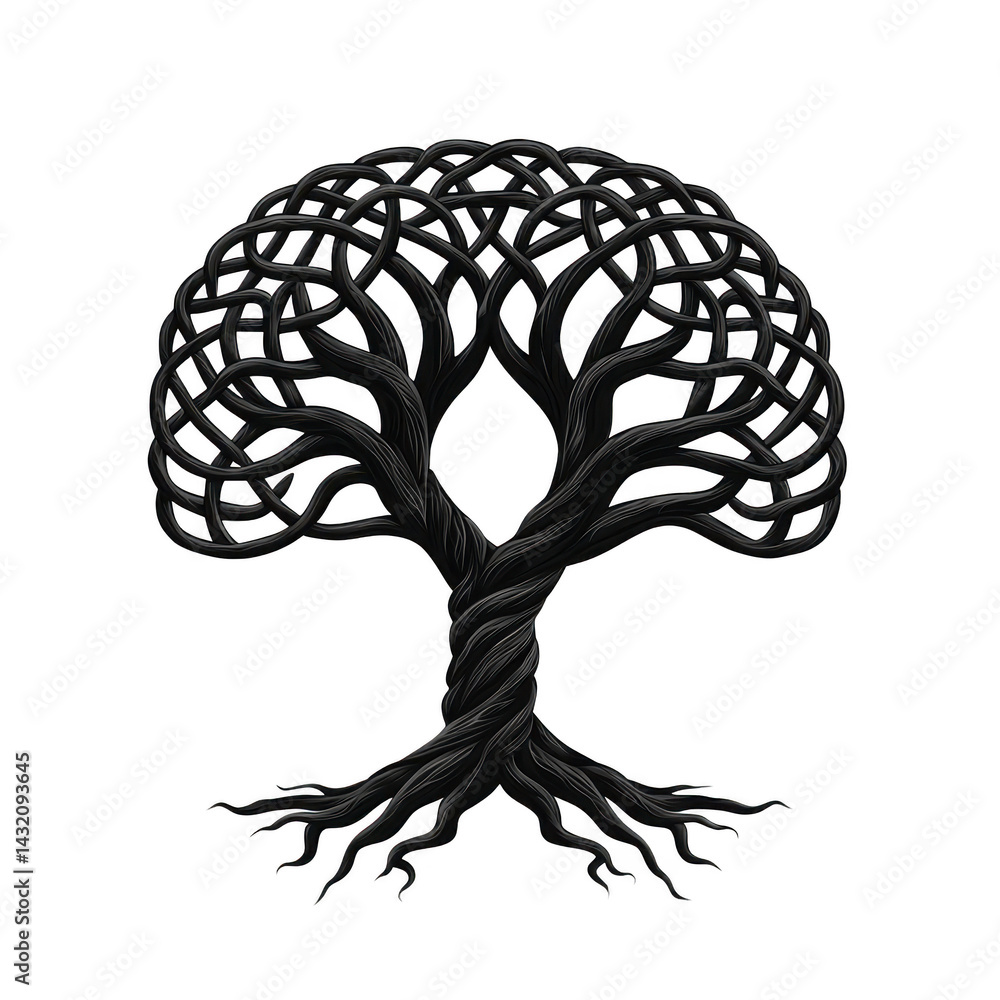 Poster stylized tree with intricate, intertwining branches and roots creates symmetrical, artistic design. 