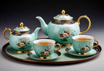 There are three teapots and two cups on one tray