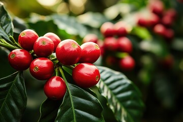 Obraz premium Rich coffee cherries on the branch surrounded by lush green leaves in a vibrant plantation