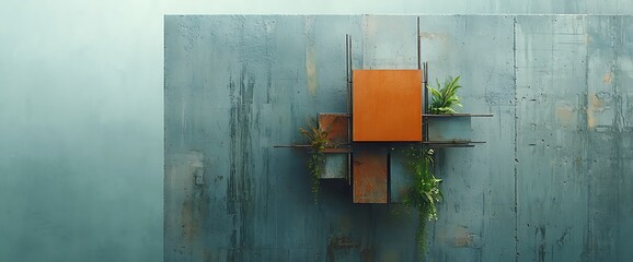 Abstract wall art with geometric metal shelves, orange and rusted-metal cubes, and potted greenery