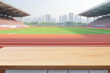 Obraz premium Empty wooden table in front of a stadium