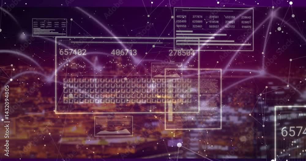 Poster 3d render showing floating data panels with numeric values, charts and code over blurred cityscape