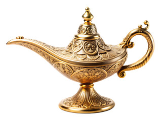 Ornate golden magic lamp detailed engravings isolated on white background