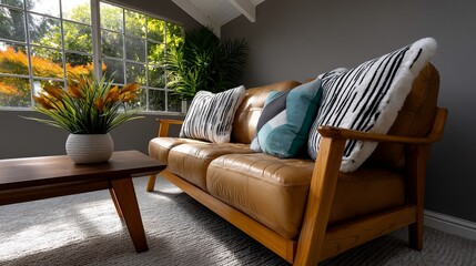 Cozy living room with a tan leather couch, wooden accents, and plants
