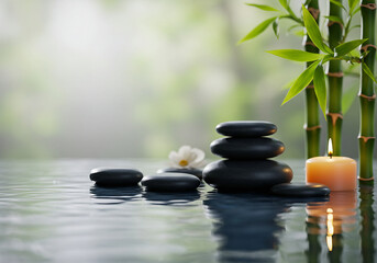 Obraz premium Zen Balance with Smooth Black Stones Lit Candle and Bamboo Reflections Creating a Tranquil Spa Atmosphere
