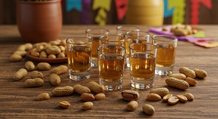 Arrangement of shot glasses filled with liquor and peanuts on a wooden surface for celebration
