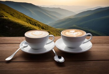 There are two cups of coffee on one table with a view of the mountain