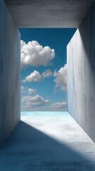 Fototapeta premium A minimalist architectural concrete frame opens to a bright blue sky with fluffy white clouds over a flat horizon casting shadows on the ground in sunlight.