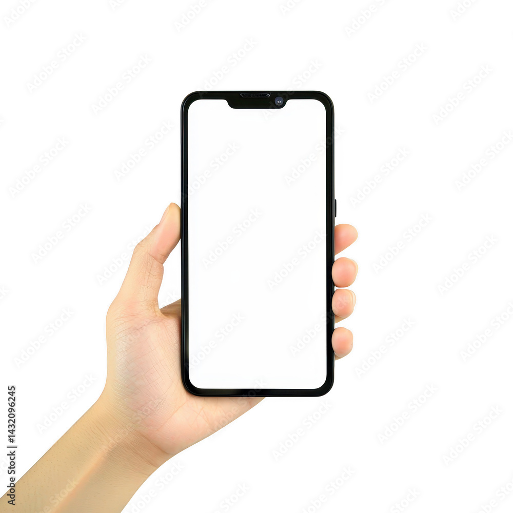 Poster hand holding smartphone with blank screen, ready for customization or app display. phone has sleek d